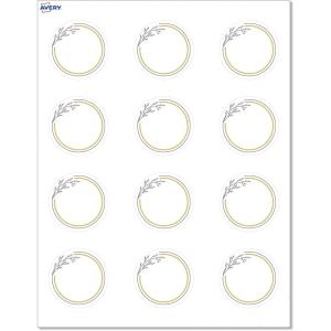 imageAvery Printable Round Cards Sure Feed Technology Blue Border Gold Dots Design 2quot Diameter Matte White Cards LaserInkjet 120 Total Great for Product TagsGold  Navy Border with Florals