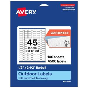 imageAvery Outdoor Waterproof Barbell Labels with Sure Feed Technology 05quot x 25quot White Film Compatible with Laser Printers 450 Labels Total Great for Product Branding Packaging and More4 500 labels