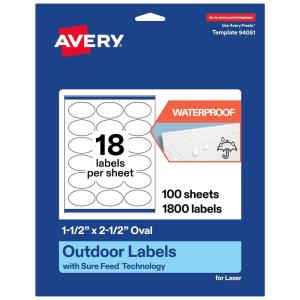 imageAvery Outdoor Waterproof Oval Labels with Sure Feed Technology 15quot x 25quot White Film Compatible with Laser Printers 450 Labels Total Great for Product Branding Packaging and More1 800 labels