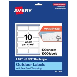 imageAvery Outdoor Waterproof Rectangle Labels with Sure Feed Technology 15quot x 375quot White Film PrinttoTheEdge Compatible with Laser Printers 500 Labels Total1 000 labels