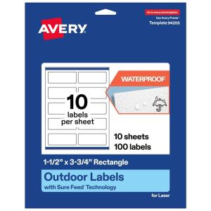 imageAvery Outdoor Waterproof Rectangle Labels with Sure Feed Technology 15quot x 375quot White Film PrinttoTheEdge Compatible with Laser Printers 500 Labels Total100 labels