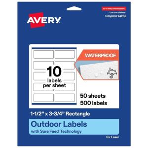 imageAvery Outdoor Waterproof Rectangle Labels with Sure Feed Technology 15quot x 375quot White Film PrinttoTheEdge Compatible with Laser Printers 500 Labels Total500 labels