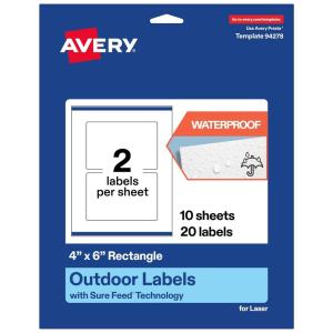 imageAvery Outdoor Waterproof Rectangle Labels with Sure Feed Technology 4quot x 6quot White Film PrinttoTheEdge Compatible with Laser Printers 50 Labels Total20 labels
