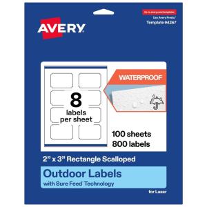 imageAvery Outdoor Waterproof Rectangle Scalloped Labels with Sure Feed Technology 2quot x 3quot White Film PrinttoTheEdge Compatible with Laser Printers 80 Labels Total800 labels