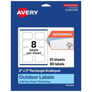 imageAvery Outdoor Waterproof Rectangle Scalloped Labels with Sure Feed Technology 2quot x 3quot White Film PrinttoTheEdge Compatible with Laser Printers 80 Labels Total80 labels