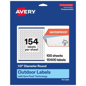 imageAvery Outdoor Waterproof Round Labels with Sure Feed Technology 05quot Diameter White Film PrinttoTheEdge Compatible with Laser Printers 3850 Labels Total15 400 labels