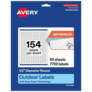 imageAvery Outdoor Waterproof Round Labels with Sure Feed Technology 05quot Diameter White Film PrinttoTheEdge Compatible with Laser Printers 3850 Labels Total7 700 labels
