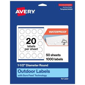 imageAvery Outdoor Waterproof Round Labels with Sure Feed Technology 15quot Diameter White Film PrinttoTheEdge Compatible with Laser Printers 1000 Labels Total1 000 labels