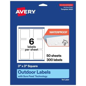 imageAvery Outdoor Waterproof Square Labels with Sure Feed Technology 3quot x 3quot White Film PrinttoTheEdge Compatible with Laser Printers 60 Labels Total300 labels