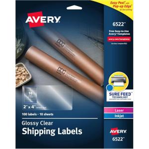 imageAvery Printable Shipping Labels with Sure Feed 2quot x 4quot Glossy Crystal Clear 100 Blank Mailing Labels 65221 Pack