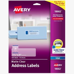 imageAvery Printable Address Labels Sure Feed Technology 113quot x 4quot Matte Clear Permanent Adhesive Inkjet Printable 140 Blank Mailing Labels Great Product Merchandising Jars and More 18662113 in X 4 in
