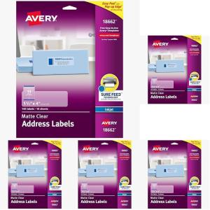imageAvery Printable Address Labels Sure Feed Technology 113quot x 4quot Matte Clear Permanent Adhesive Inkjet Printable 140 Blank Mailing Labels Great Product Merchandising Jars and More 18662113 in X 4 in Pack of 5