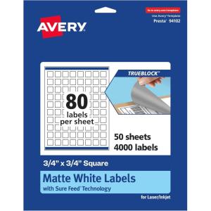 imageAvery TrueBlock Matte White Square Labels Sure Feed Technology 075quot x 075quot 800 Matte White Labels PrinttoTheEdge LaserInkjet Printable Great for Product Merchandising Stickers4 000 labels