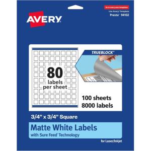imageAvery TrueBlock Matte White Square Labels Sure Feed Technology 075quot x 075quot 800 Matte White Labels PrinttoTheEdge LaserInkjet Printable Great for Product Merchandising Stickers8 000 labels
