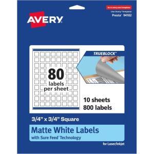 imageAvery TrueBlock Matte White Square Labels Sure Feed Technology 075quot x 075quot 800 Matte White Labels PrinttoTheEdge LaserInkjet Printable Great for Product Merchandising Stickers800 labels