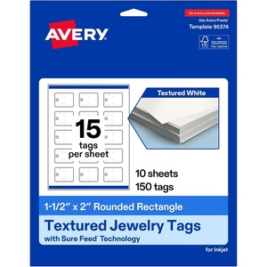 image:imageAvery Printable Rectangle Rounded Jewelry Tags Sure Feed Technology 15 x 2 Textured Glossy White PrinttoTheEdge Capability Laser amp Inkjet Compatible 375 Total150 Tags