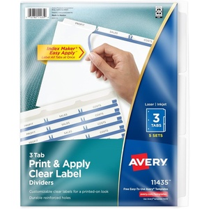 image:imageAvery 3Tab Dividers for 3 Ring Binder Easy Print amp Apply Clear Label Strip Index Maker Customizable White Tabs 25 Sets 114455 Sets Pack of 10