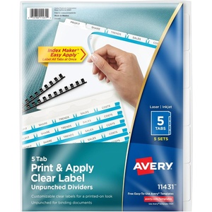 image:imageAvery 8 Tab Unpunched Dividers for Use with Any Binding System Easy Print amp Apply Clear Label Strip Index Maker Customizable White Tabs 25 Sets 11444Music