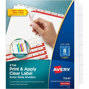 image:imageAvery 8Tab Extra Wide Binder Dividers Easy Print amp Apply Clear Label Strip Index MakerWhite 5 Sets 11441One Size Pack of 10