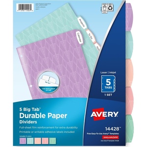 image:imageAvery Big Tab Durable Paper Dividers for 3 Ring Binders 5 Tabs per Set White Printable Labels 1 Set Perfect for School Office and Home Organization 14422Pastel