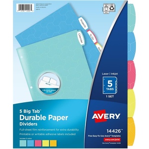 image:imageAvery Big Tab Durable Paper Dividers for 3 Ring Binders 5 Tabs per Set White Printable Labels 1 Set Perfect for School Office and Home Organization 14422Bright