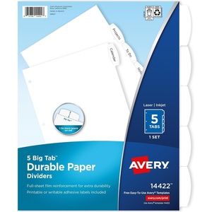 image:imageAvery Big Tab Durable Paper Dividers for 3 Ring Binders 5 Tabs per Set White Printable Labels 1 Set Perfect for School Office and Home Organization 14422White