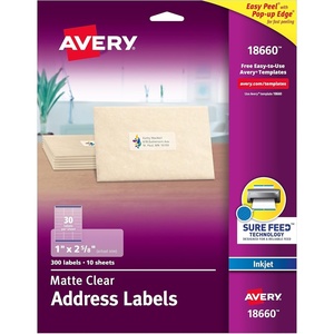 image:imageAvery 18660 Matte Clear Easy Peel Address Labels Inkjet 1 X 2 58 300Pack