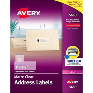 image:imageAvery 5660 Laser Labels Address 1Inch x258Inch 1500BX Matte Clear