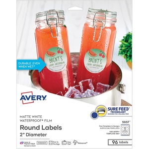 image:imageAvery Durable Waterproof Labels Sure Feed Technology 2 Diameter Matte White LaserPigmentInkjet Printable 96 Blank Labels Great for Food Containers Product Merchandising and More 565796 labels