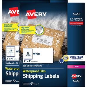image:imageAvery Waterproof Labels with Ultrahold Permanent Adhesive 2 x 4 Laser 2Pack 1000 Labels Total 25523